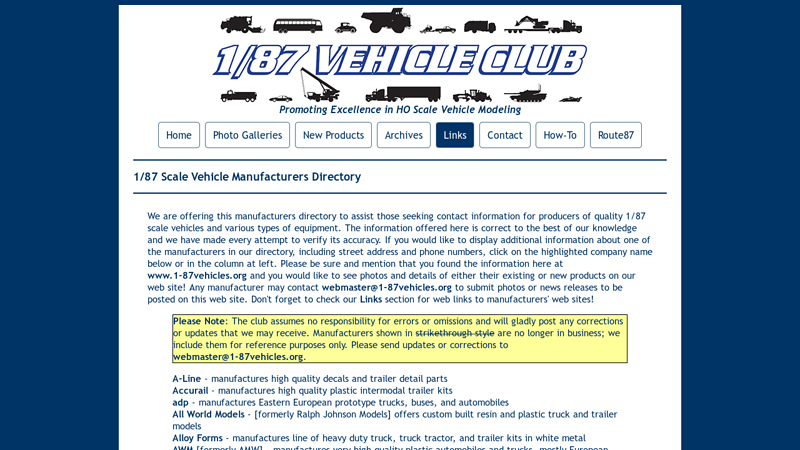 1/87 Scale Vehicle Manufacturers Directory resin model truck parts