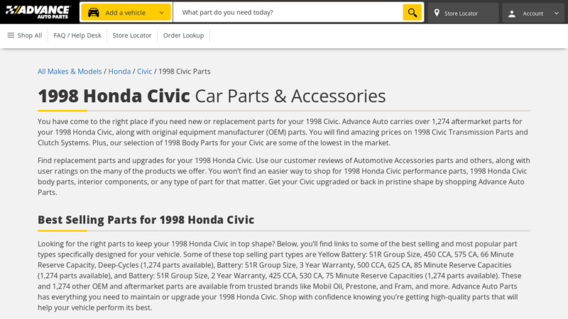 1998 Honda Civic Car Parts 98 honda civic parts