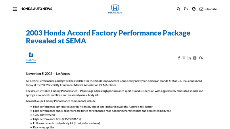 2003 Honda Accord Factory Performance Package Revealed at SEMA 03 honda accord parts