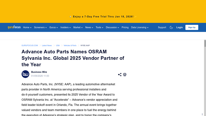 Advance Auto Parts Names OSRAM Sylvania Inc. Global 2025 Vendor advance auto parts app