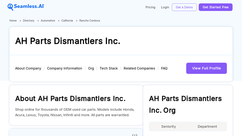 AH Parts Dismantlers Inc. Staff Directory, Phone & Corp Office toyota parts rancho cordova