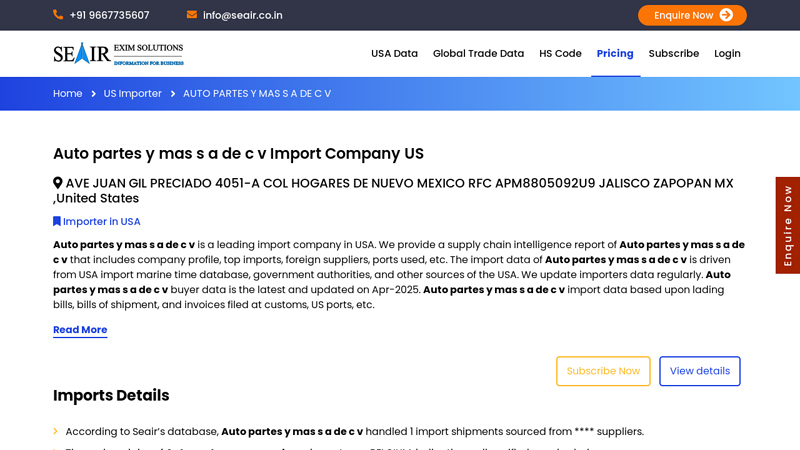 Auto partes y mas s a de c v USA Import & Buyer Data auto partes y mas