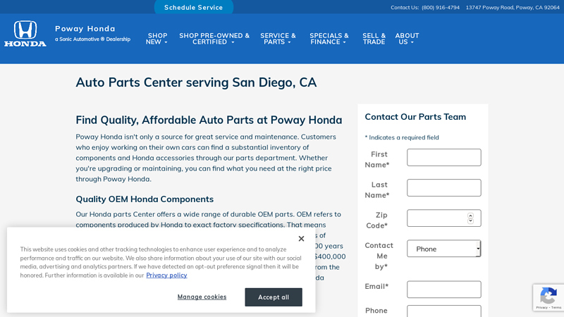 Auto Parts Center serving San Diego, CA honda dealer parts dept