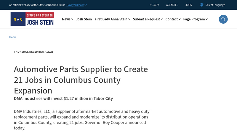 Automotive Parts Supplier to Create 21 Jobs in Columbus County ... tabor auto parts