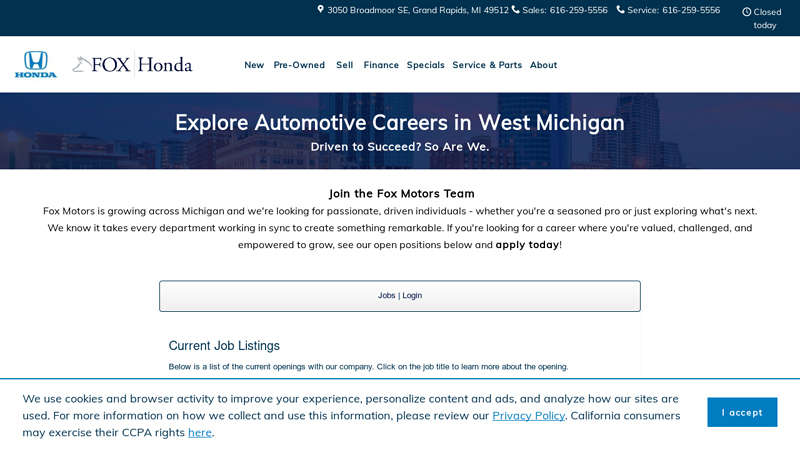 Automotive Service & Sales Job Openings fox honda - service & parts