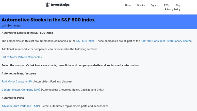 Automotive Stocks in the S&P 500 Index auto parts stocks