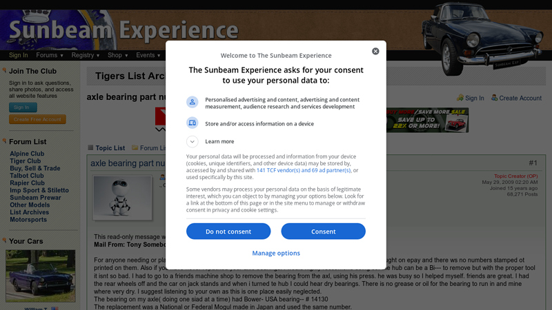 axle bearing part numbers sunbeam tiger car parts