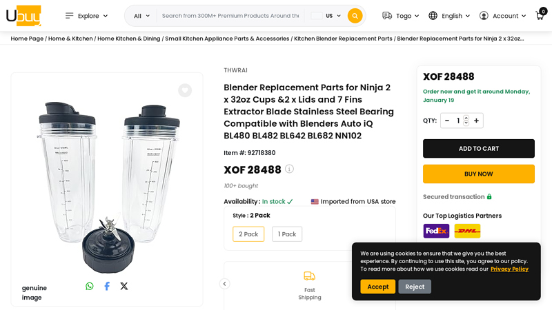 Blender Replacement Parts for Ninja 2 x 32oz Cups &2 Togo ninja auto iq replacement parts