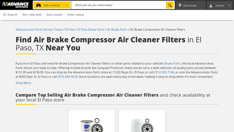 Buy Air Brake Compressor Air Cleaner Filters in El Paso, TX advance auto parts el paso