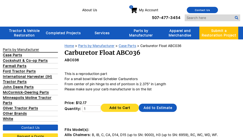 Carburetor Float ABC036 oliver tractor 550 part number 101 630a
