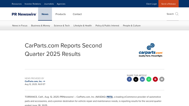 CarParts.com Reports Second Quarter 2025 Results car parts .com reviews