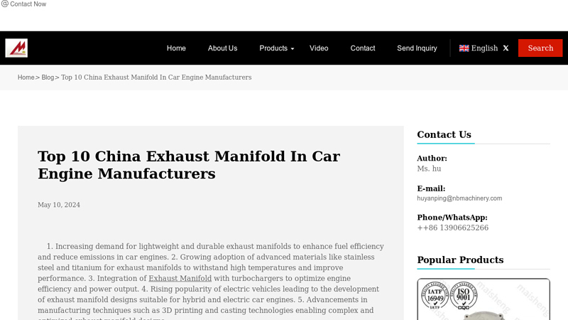 China Exhaust Manifold In Car Engine Manufacturers manifold car part
