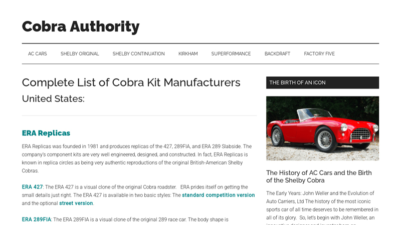 Complete List of Cobra Kit Manufacturers auto parts of shelby