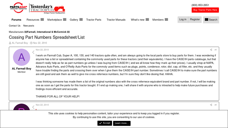 Cossing Part Numbers Spreadsheet/List Auto Parts international tractor parts near me