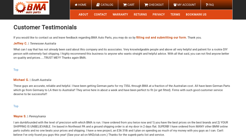 Customer Testimonials bma european auto parts