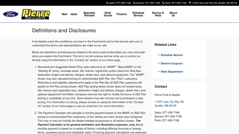 Definitions and Disclosures pierre ford service & parts department