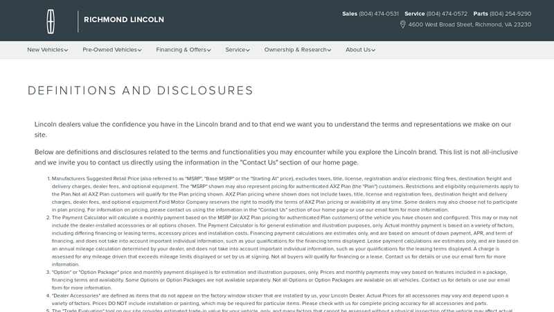 DEFINITIONS AND DISCLOSURES richmond ford lincoln service and parts
