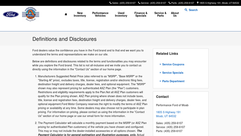 Definitions and Disclosures auto parts moab utah