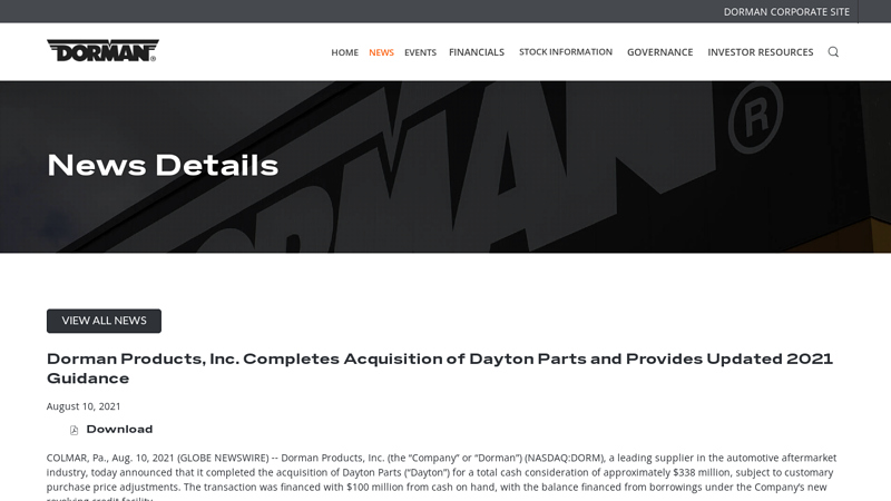 Dorman Products, Inc. Completes Acquisition of Dayton Parts and ... dayton car parts