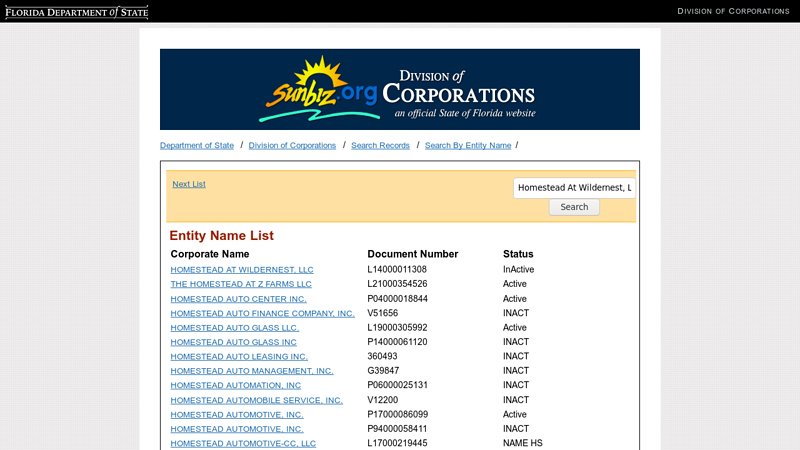 Entity Name List auto parts homestead