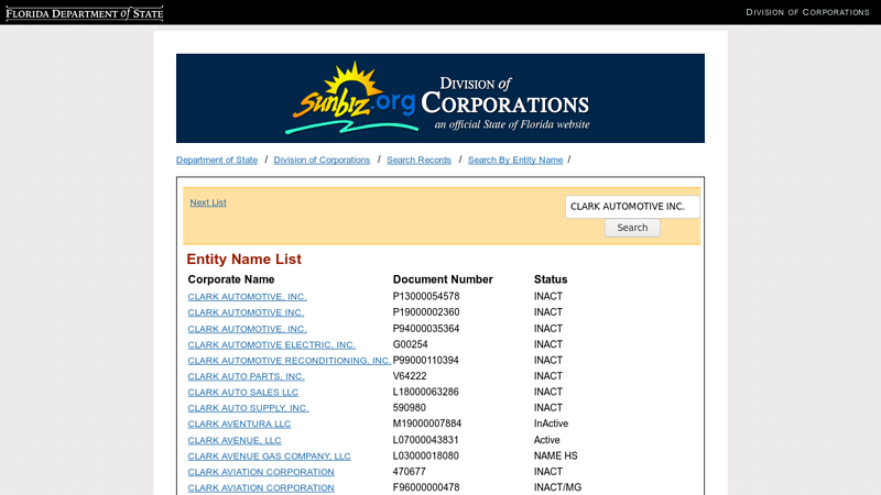 Entity Name List clark's auto parts