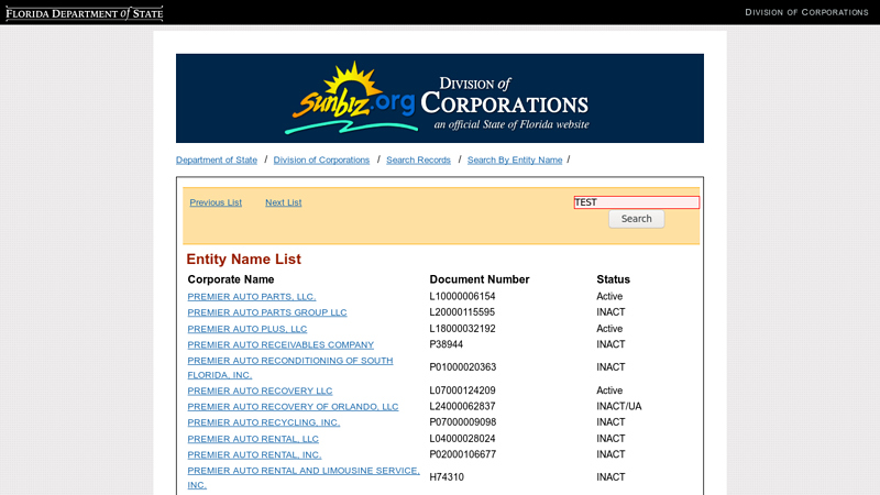 Entity Name List premier auto parts