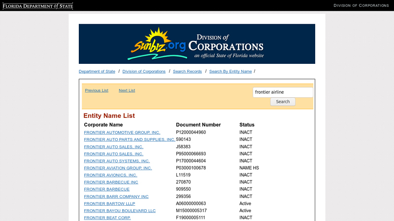 Entity Name List frontier auto parts