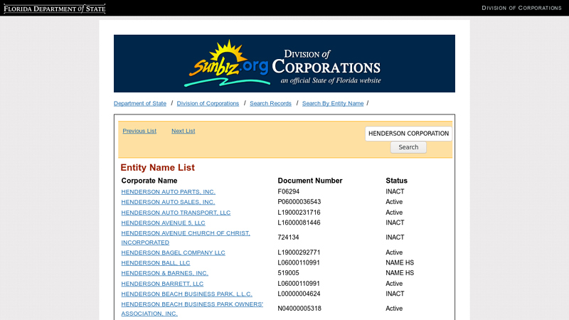 Entity Name List henderson auto parts