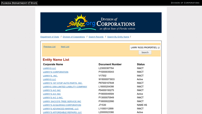 Entity Name List larrys auto parts