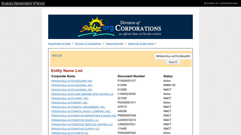 Entity Name List auto parts pensacola