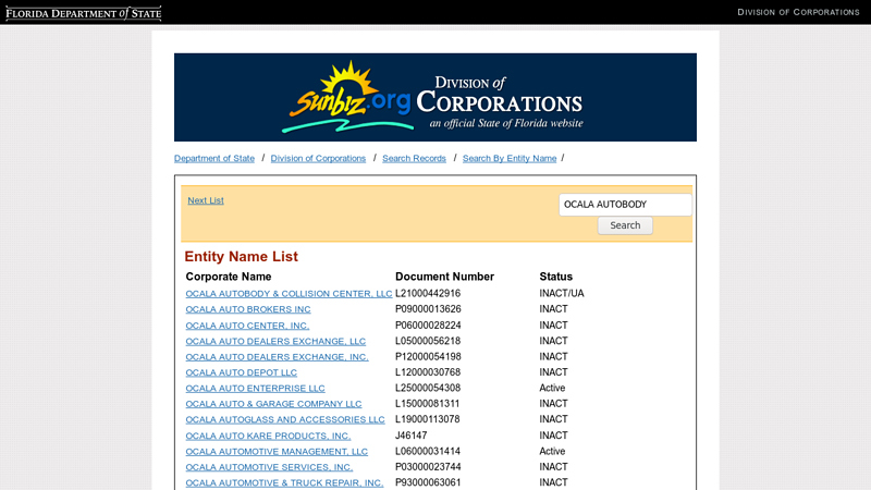 Entity Name List auto parts ocala fl