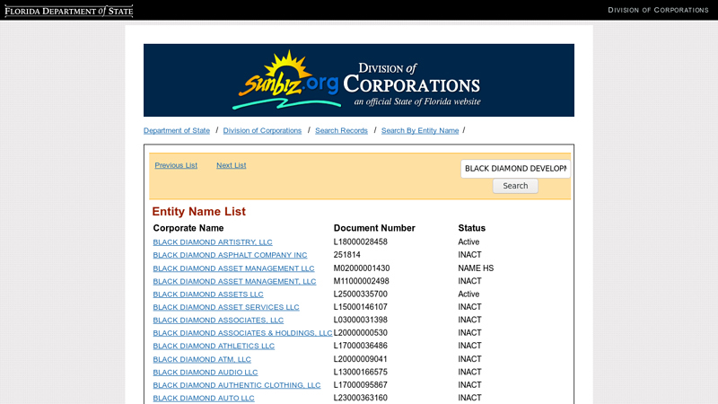 Entity Name List black diamond auto parts