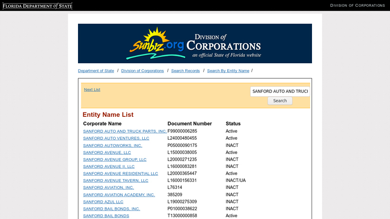 Entity Name List sanford auto parts