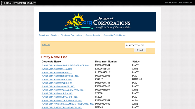Entity Name List auto parts plant city