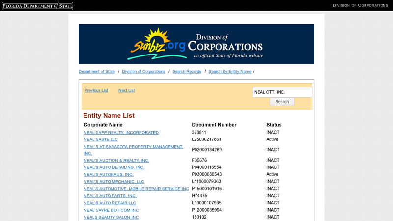 Entity Name List neal auto parts