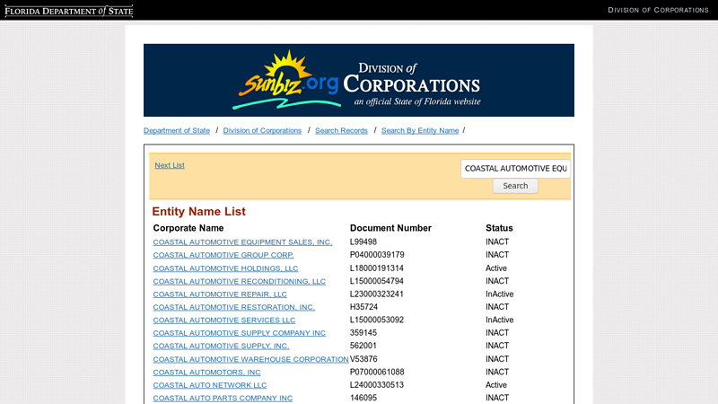 Entity Name List coastal auto parts
