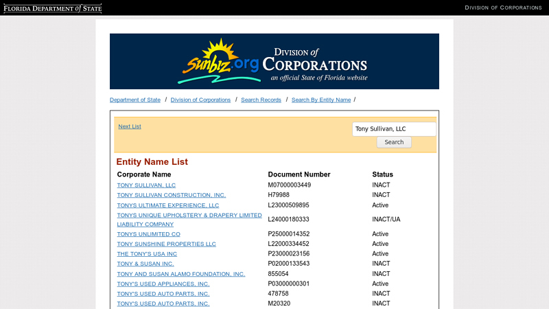 Entity Name List tony's auto parts