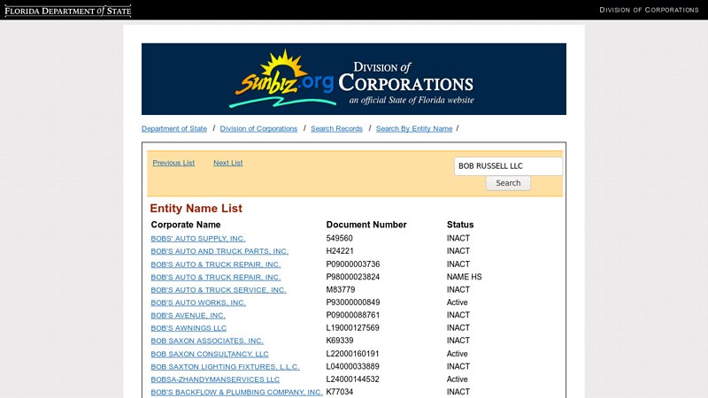 Entity Name List bob's auto parts