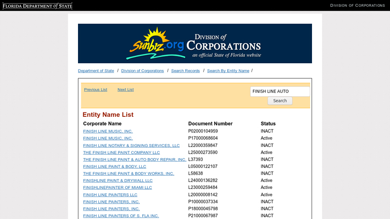 Entity Name List finish line auto parts