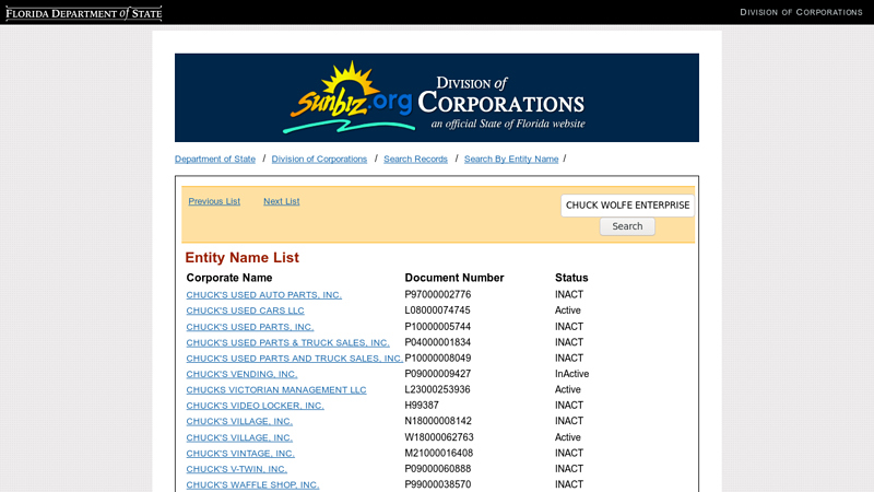Entity Name List chuck's auto parts