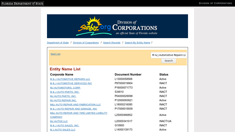 Entity Name List m&j auto parts