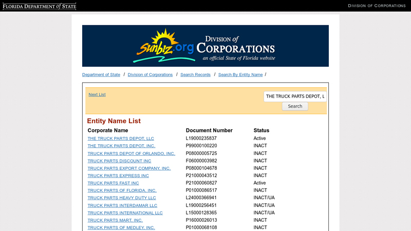 Entity Name List the truck parts depot