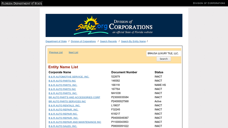 Entity Name List b & r auto parts