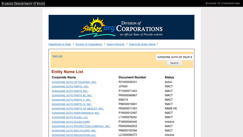 Entity Name List sunshine auto parts