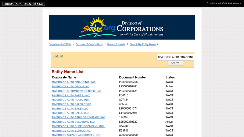Entity Name List riverside auto parts