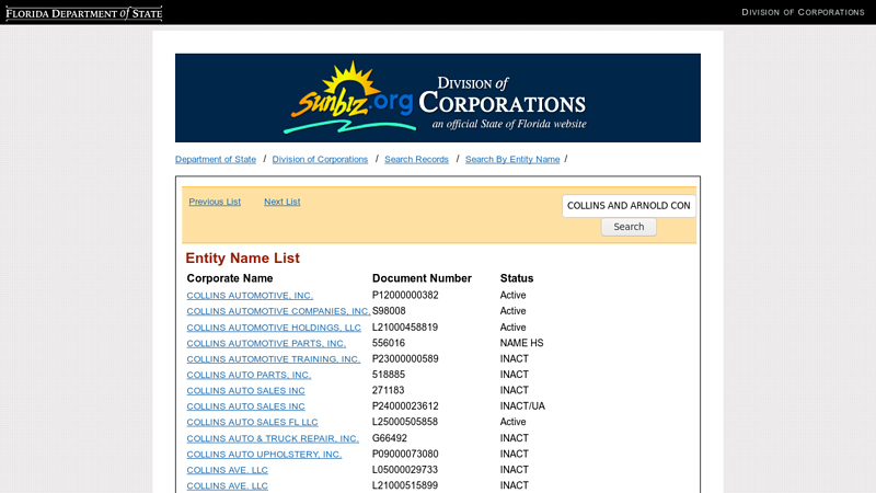 Entity Name List collins truck parts