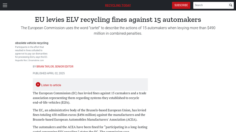 EU levies ELV recycling fines against 15 automakers cartel auto parts