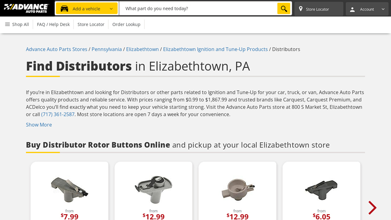 Find Distributors in Elizabethtown, PA advance auto parts elizabethtown pa