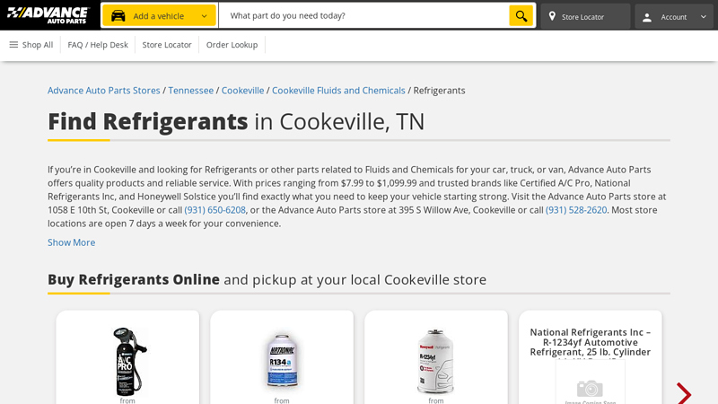 Find Refrigerants in Cookeville, TN advance auto parts crossville tn