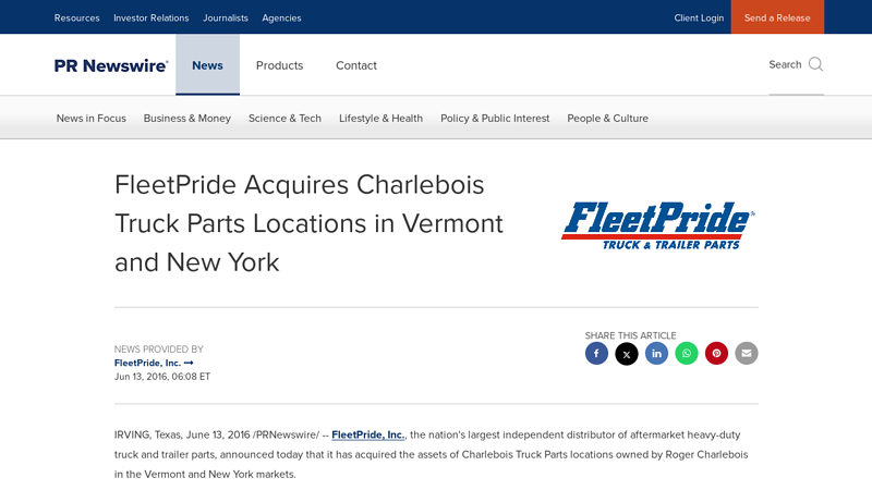 FleetPride Acquires Charlebois Truck Parts Locations in Vermont ... charlebois truck parts inc